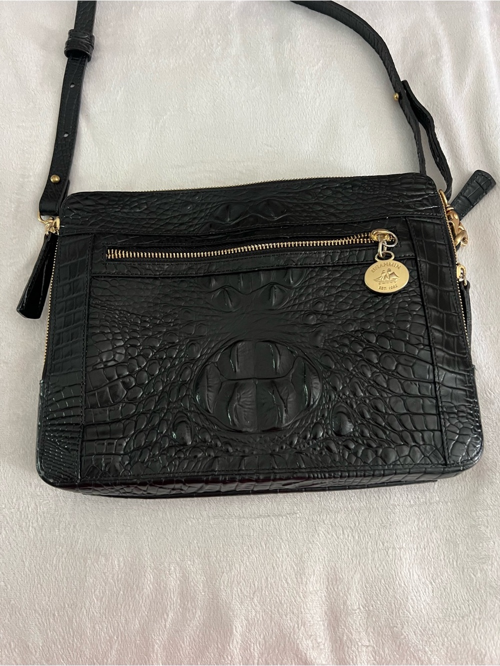 Brahmin Black Croc-Embossed Leather Crossbody with Gold Hardware